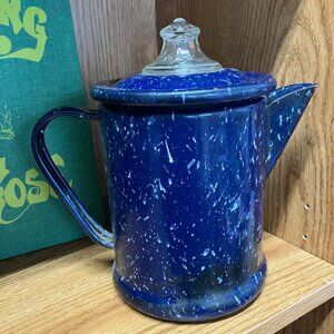 Vtg Indigo Blue color Splatter Enamel Ware 8" Coffee Pot w/Basket